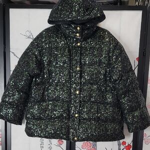 Manoush Sparkle Sequin Green Puffer Hooded Jacket Size 4